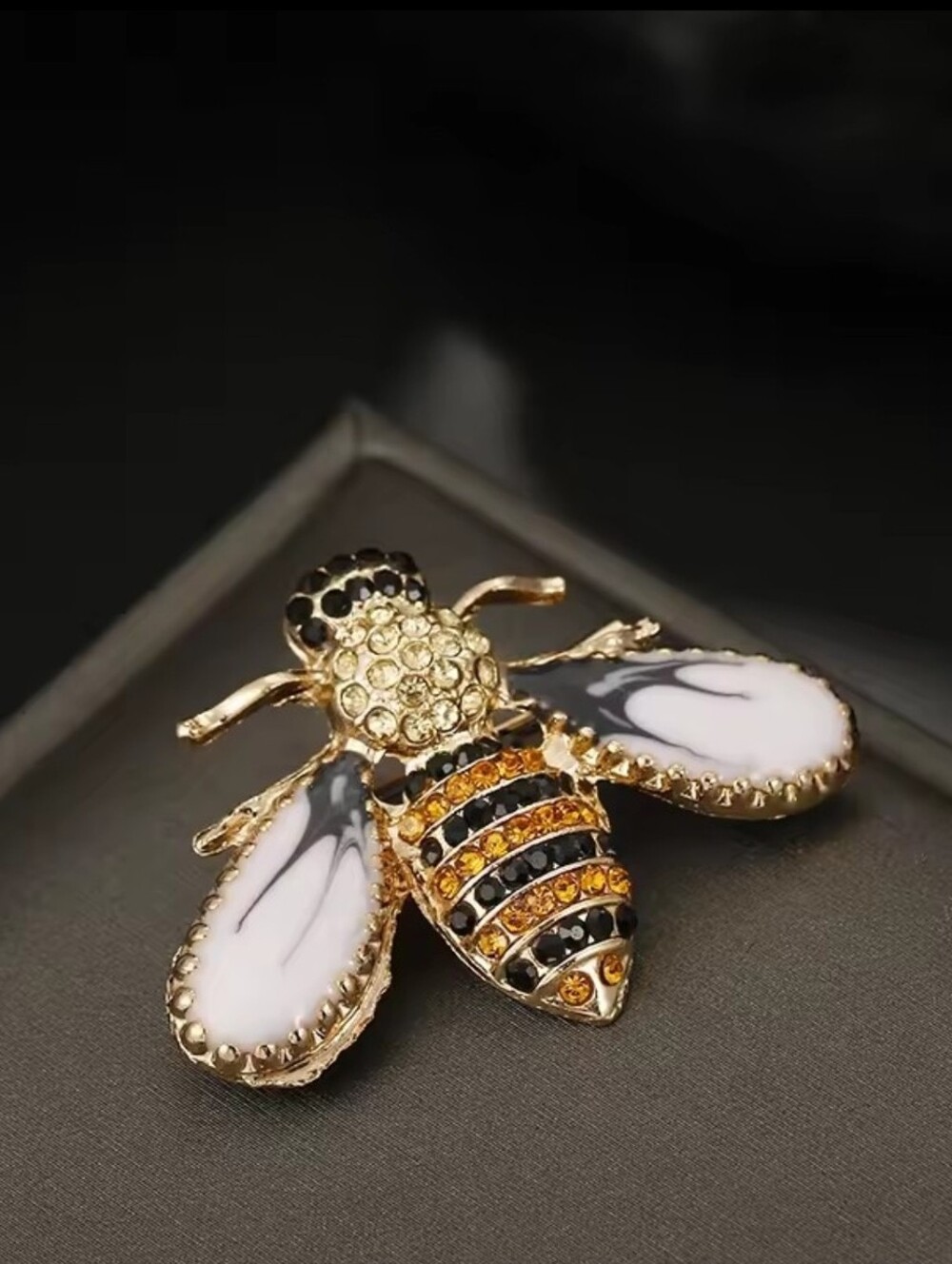 Gold Bee Brooch with White Enamel Wings and Amber Crystals - Picture 7 of 7